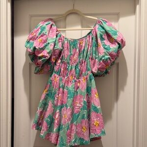 Altar'd State Pink and Green Floral Puff-Sleeve Mini Dress